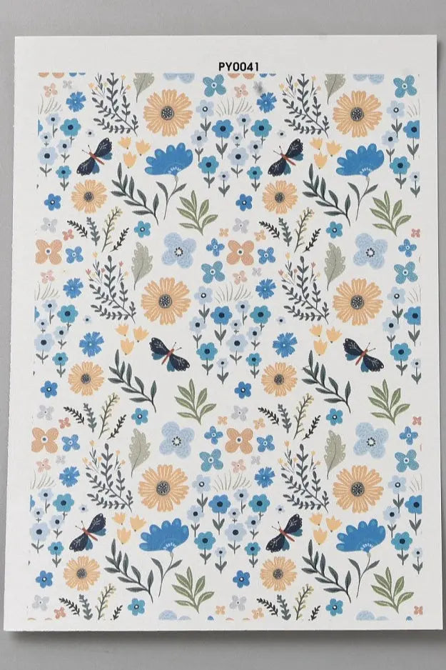Papier de transfert soluble à l’eau fleurs bleues et jaunes 13,8x9,5 cm Joli'Clay