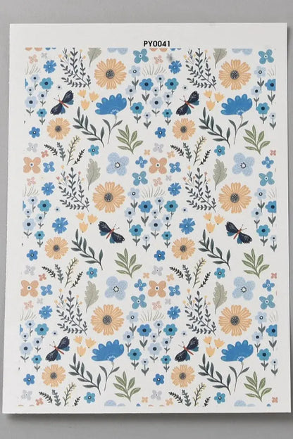Papier de transfert soluble à l’eau fleurs bleues et jaunes 13,8x9,5 cm Joli'Clay
