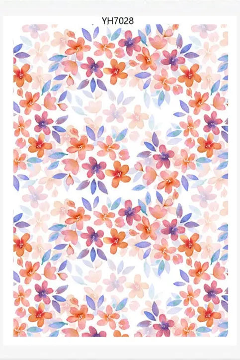 Papier de transfert soluble à l’eau fleurs rouges et oranges 13,8x9,5 cm Joli'Clay