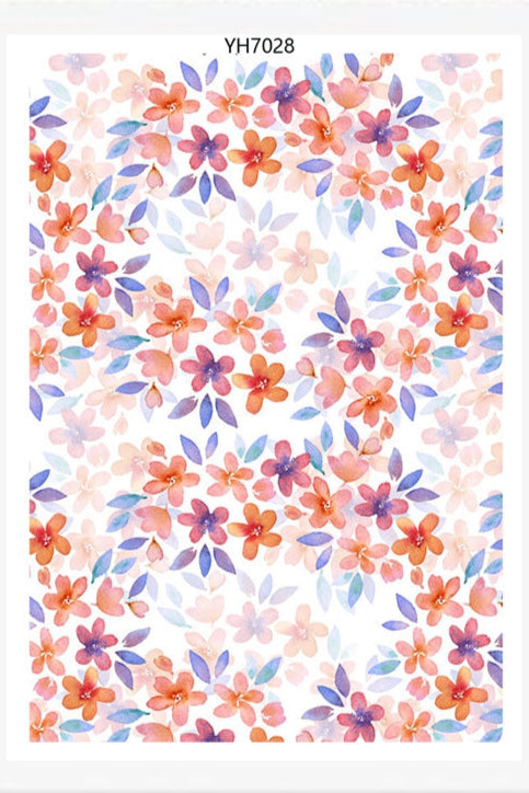 Papier de transfert soluble à l’eau fleurs rouges et oranges 13,8x9,5 cm